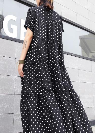 Women black dotted cotton dress stand collar Maxi summer Dress - SooLinen