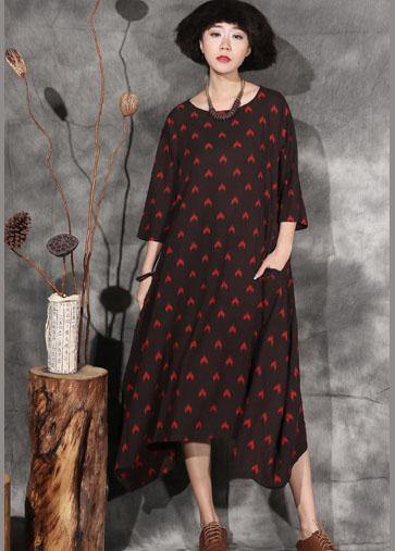 Women black dotted linen outfit bracelet sleeved A Line asymmetric hem Dress - SooLinen