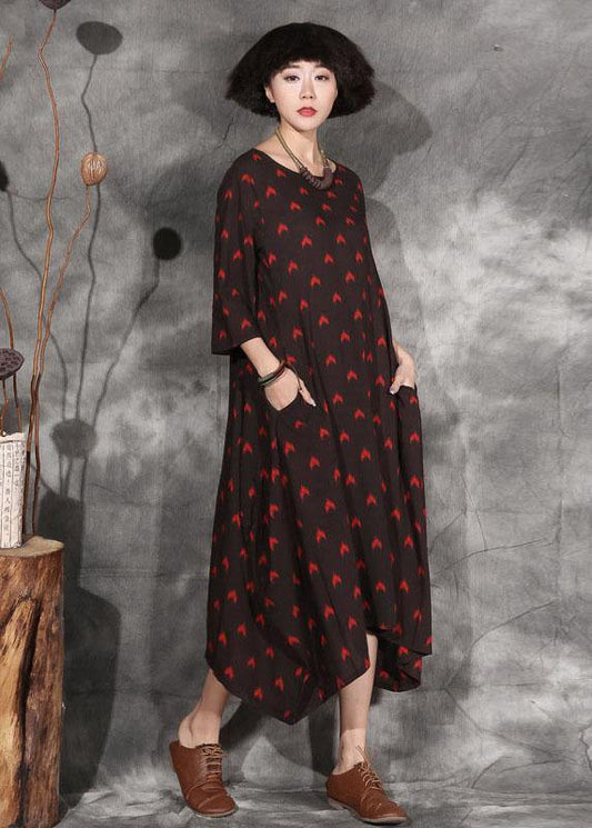 Women black dotted linen outfit bracelet sleeved A Line asymmetric hem Dress - SooLinen