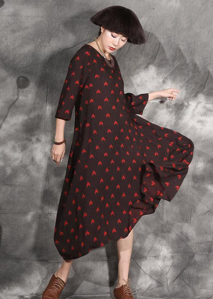 Women black dotted linen outfit bracelet sleeved A Line asymmetric hem Dress - SooLinen