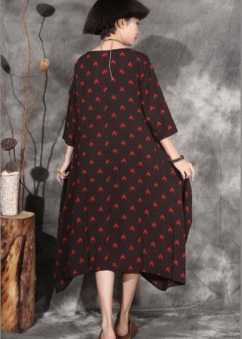 Women black dotted linen outfit bracelet sleeved A Line asymmetric hem Dress - SooLinen