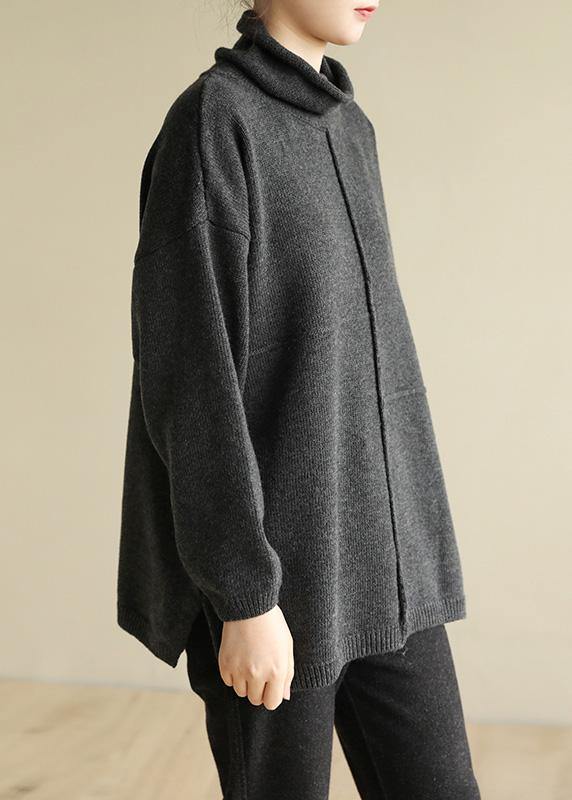 Women black gray knitted clothes patchwork trendy plus size Turtleneck knit tops - SooLinen