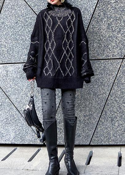 Women black knitted t shirt Sequined fashion high neck sweaters - SooLinen