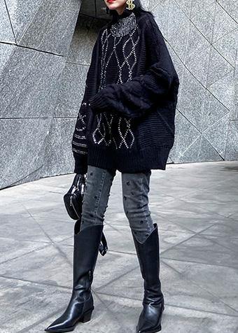 Women black knitted t shirt Sequined fashion high neck sweaters - SooLinen