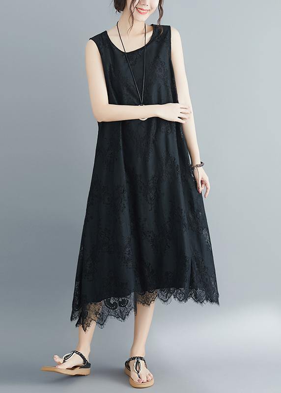 Women black laceclothes For Women o neck Kaftan summer sleeveless Dress - SooLinen