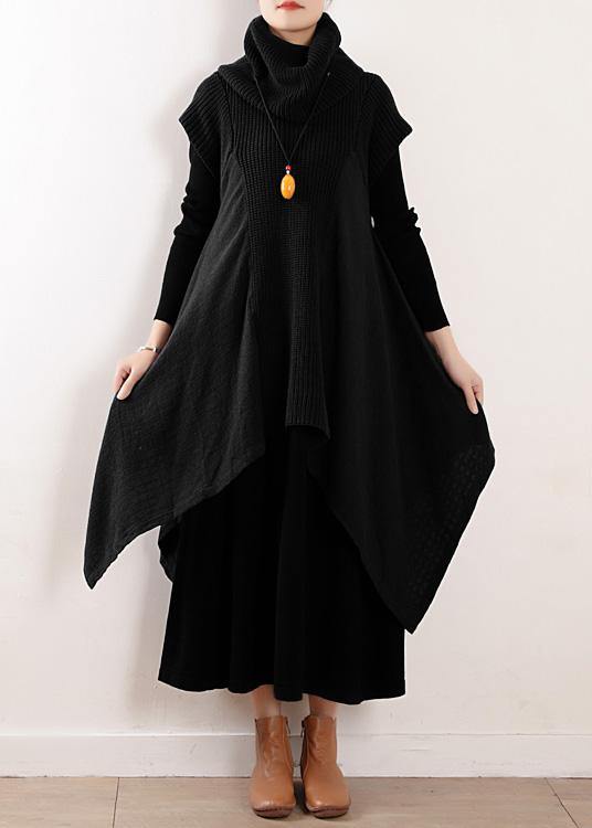 Women black linen clothes For high neck asymmetric patchwork fall Dresses - SooLinen