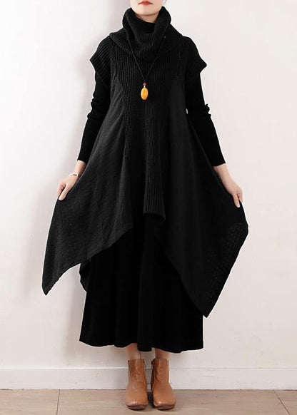 Women black linen clothes For high neck asymmetric patchwork fall Dresses - SooLinen