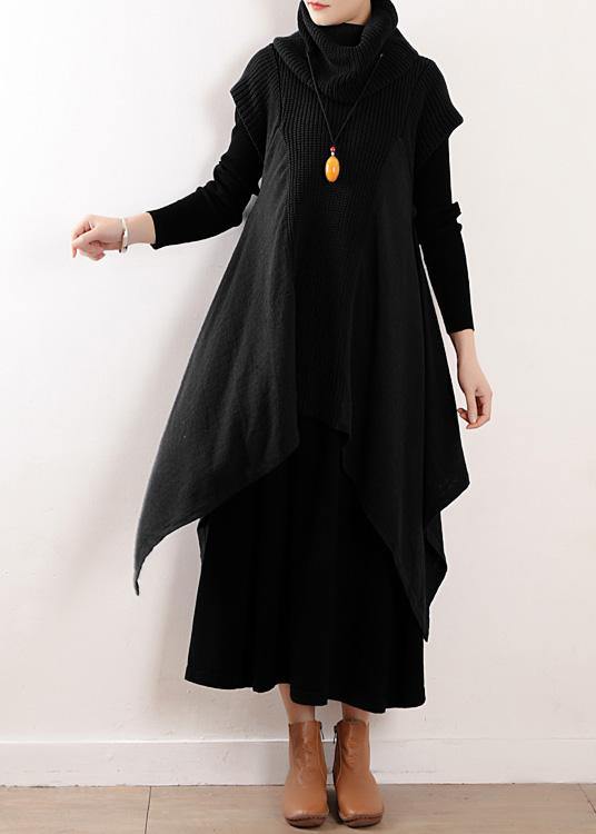 Women black linen clothes For high neck asymmetric patchwork fall Dresses - SooLinen