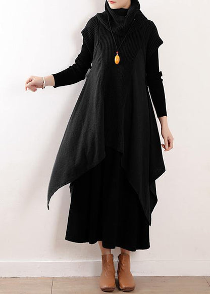 Women black linen clothes For high neck asymmetric patchwork fall Dresses - SooLinen