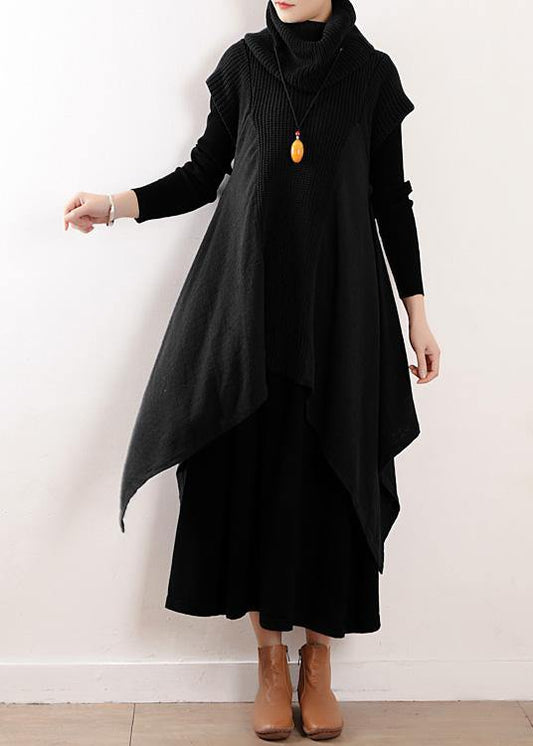 Women black linen clothes For high neck asymmetric patchwork fall Dresses - SooLinen