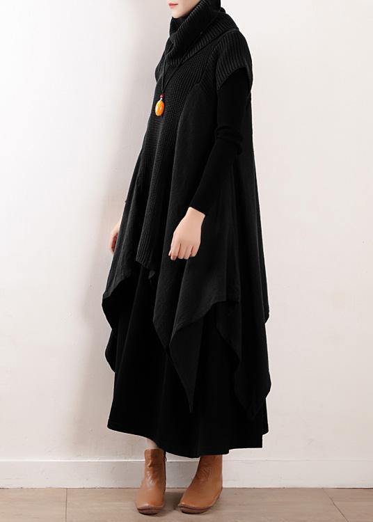 Women black linen clothes For high neck asymmetric patchwork fall Dresses - SooLinen