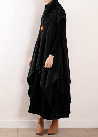 Women black linen clothes For high neck asymmetric patchwork fall Dresses - SooLinen