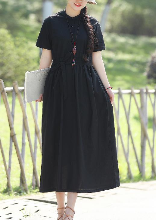 Women black linen cotton Robes 2019 Shape tie waist Maxi summer Dress - SooLinen