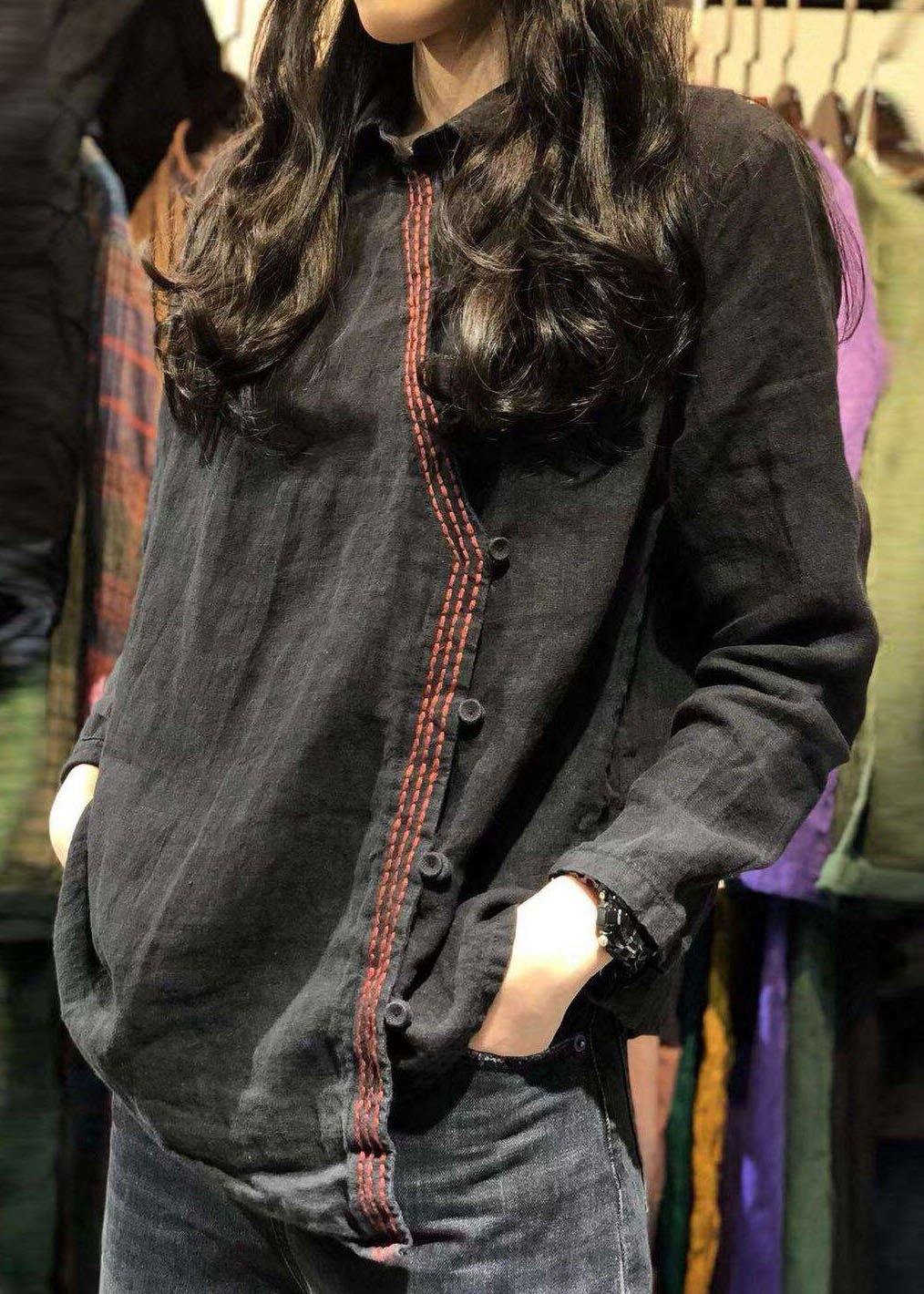 Women black linen tunics for women long sleeve Dresses fall shirt - SooLinen