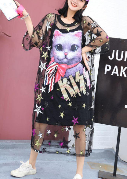 Women black love cats cotton clothes Women short sleeve summer Dresses - SooLinen