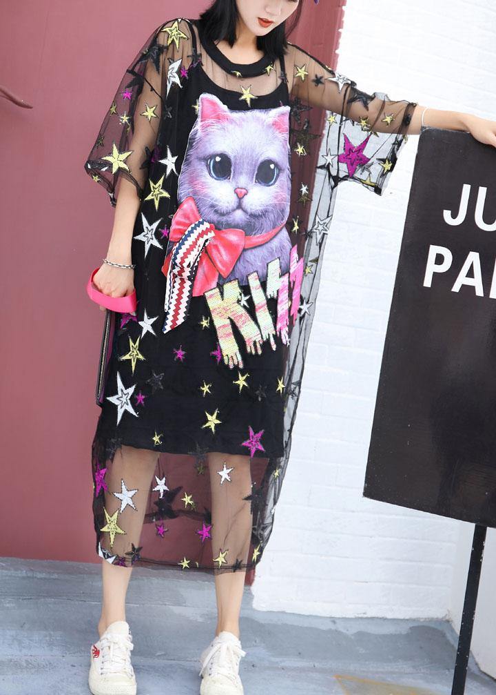 Women black love cats cotton clothes Women short sleeve summer Dresses - SooLinen