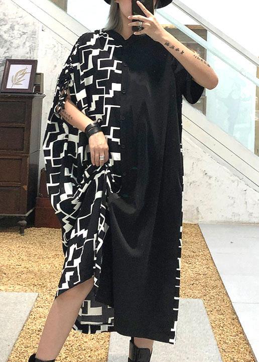 Women black patchwork cotton clothes For Women Square Collar A Line summer Dresses - SooLinen