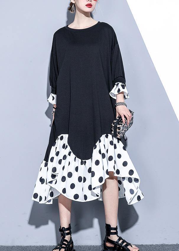 Women black patchwork cotton clothes bracelet sleeved Art summer Dresses - SooLinen