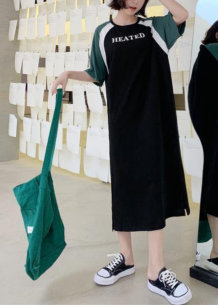 Women black patchwork cotton quilting clothes o neck A Line summer Dresses - SooLinen