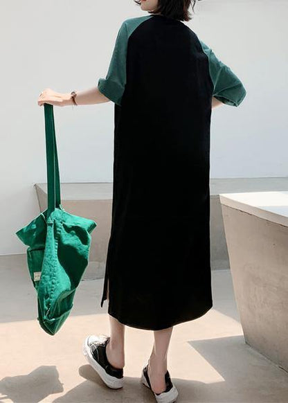 Women black patchwork cotton quilting clothes o neck A Line summer Dresses - SooLinen