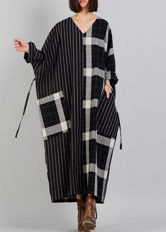 Women black plaid cotton dress v neck patchwork Large pockets fall Dresses - SooLinen