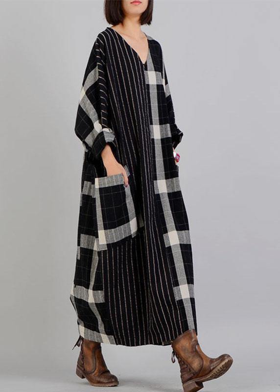 Women black plaid cotton dress v neck patchwork Large pockets fall Dresses - SooLinen