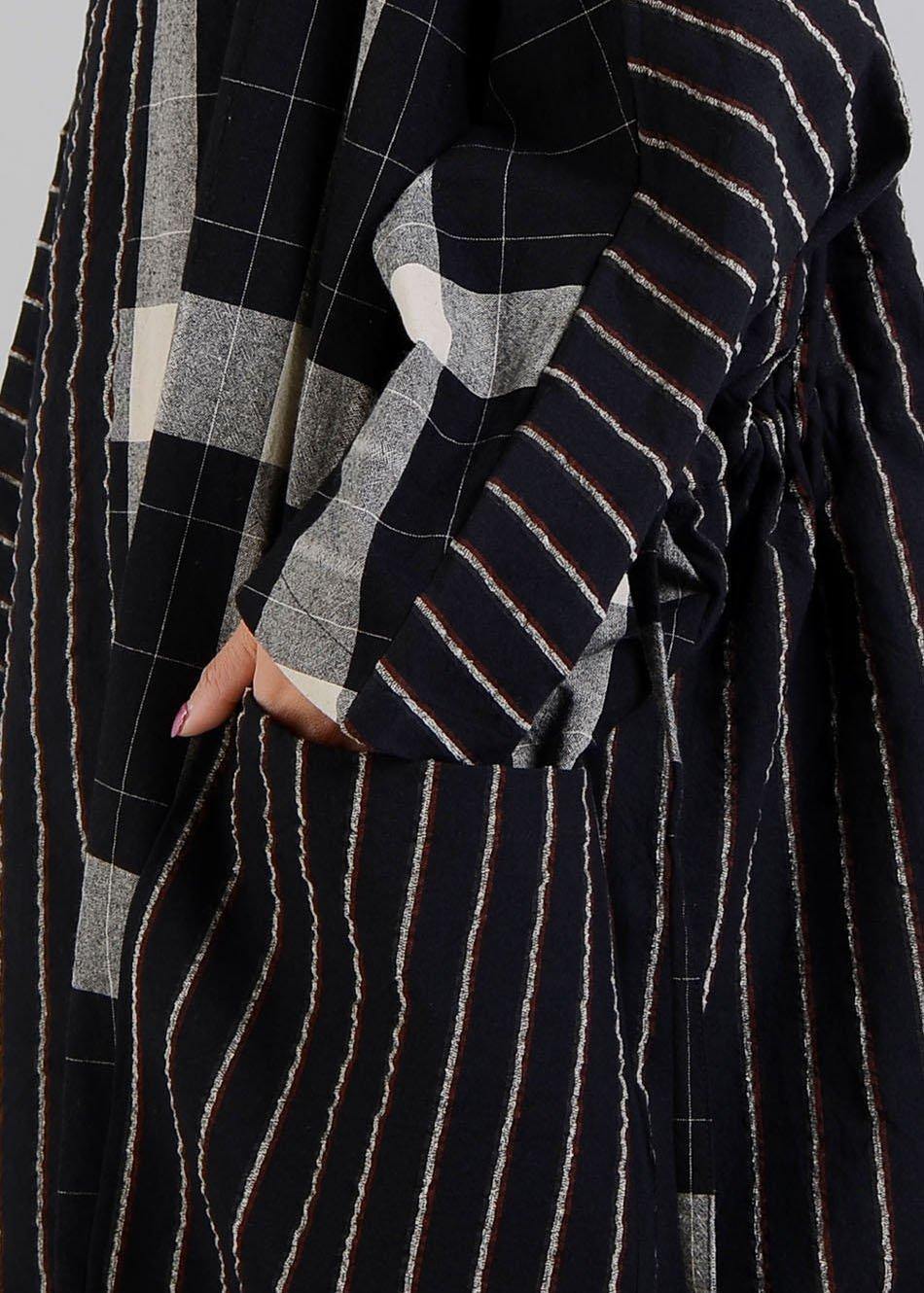 Women black plaid cotton dress v neck patchwork Large pockets fall Dresses - SooLinen