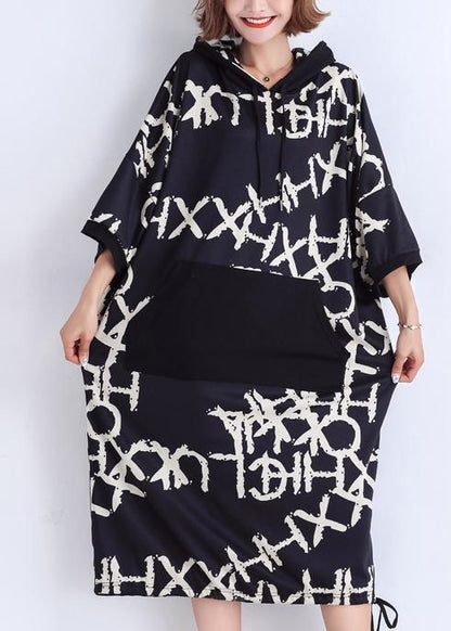 Women black print Cotton Work Outfits pockets Plus Size Summer Dresses