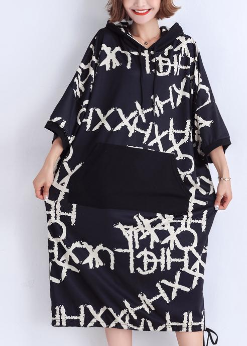 Women black print Cotton Work Outfits pockets Plus Size Summer Dresses