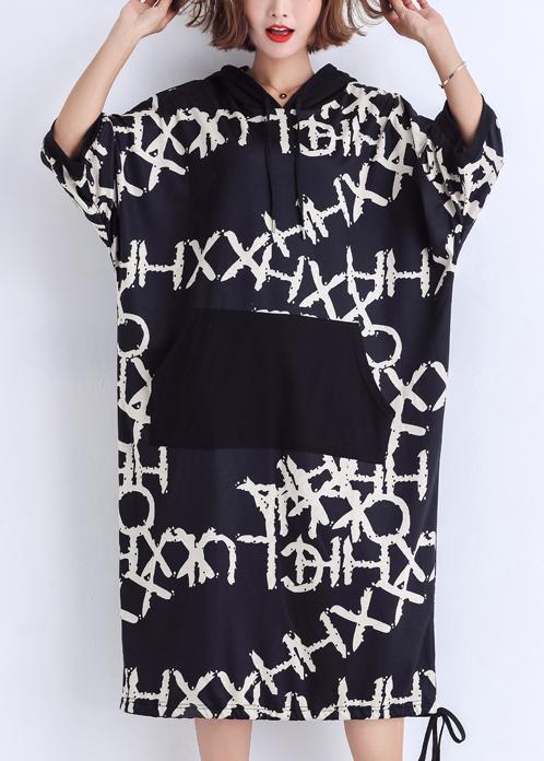Women black print Cotton Work Outfits pockets Plus Size Summer Dresses