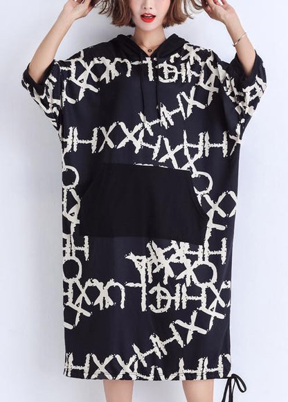 Women black print Cotton Work Outfits pockets Plus Size Summer Dresses