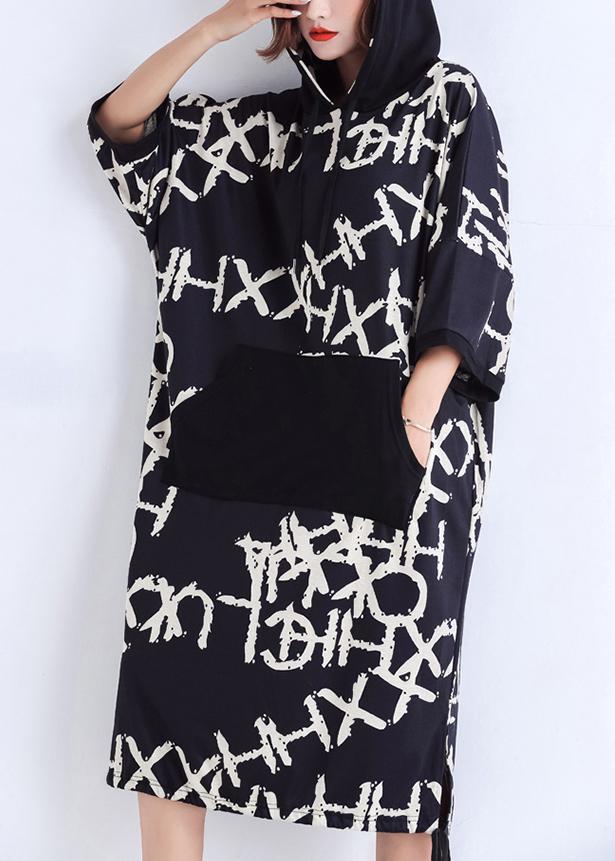 Women black print Cotton Work Outfits pockets Plus Size Summer Dresses