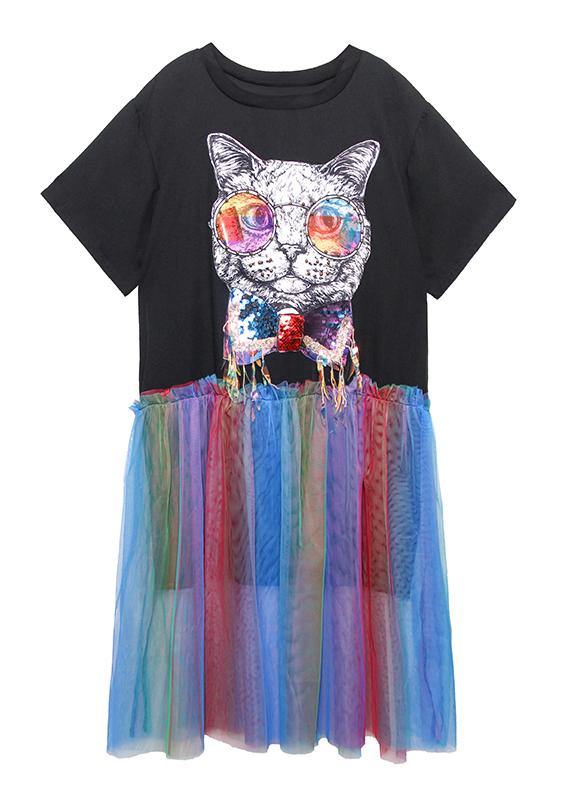 Women black print cotton dresses patchwork tulle A Line Dresses - SooLinen