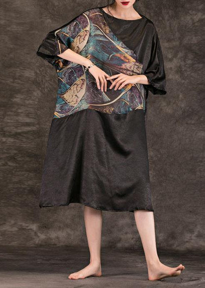 Women black print cotton quilting dresses Slash neck summer Dresses - SooLinen