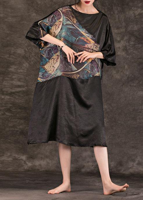 Women black print cotton quilting dresses Slash neck summer Dresses - SooLinen