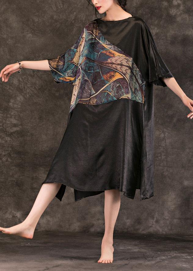 Women black print cotton quilting dresses Slash neck summer Dresses - SooLinen