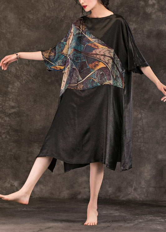 Women black print cotton quilting dresses Slash neck summer Dresses - SooLinen