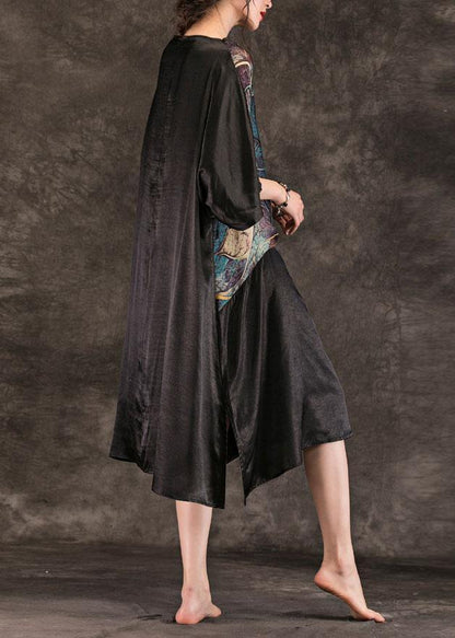 Women black print cotton quilting dresses Slash neck summer Dresses - SooLinen