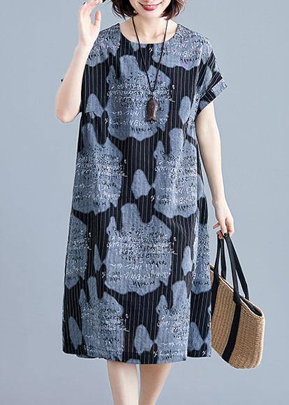 Women black print linen cotton tunics for women striped o neck Midi summer Dress - SooLinen