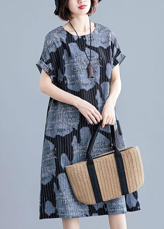 Women black print linen cotton tunics for women striped o neck Midi summer Dress - SooLinen