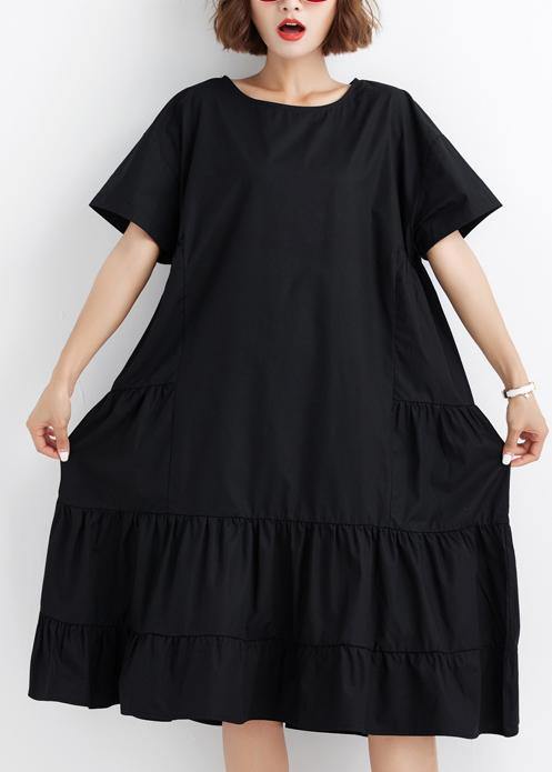 Women black ruffles cotton Wardrobes short sleeve cotton Dresses - SooLinen