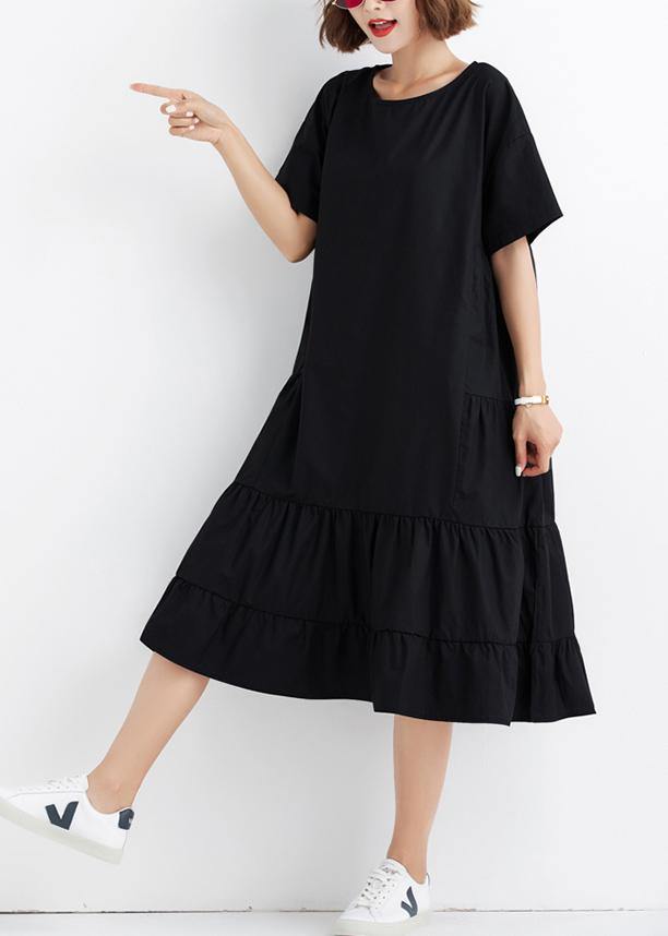 Women black ruffles cotton Wardrobes short sleeve cotton Dresses - SooLinen