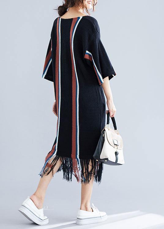 Women black v neck cotton tunics for women tassel Traveling summer Dress - SooLinen