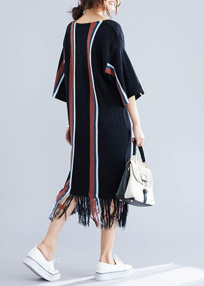 Women black v neck cotton tunics for women tassel Traveling summer Dress - SooLinen