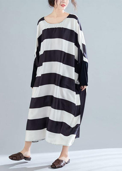 Women black white striped quilting clothes batwing sleeve o neck long summer Dresses - SooLinen