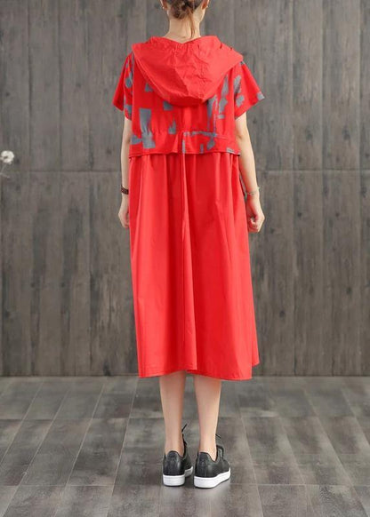 Women blended Long Shirts Plus Size Loose Casual Literary Graffiti Print Hooded Dress - SooLinen