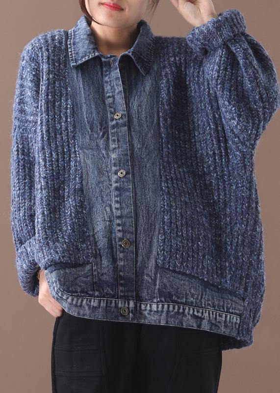 Women blue Sweater Blouse lapel collar oversize patchwork sweaters - SooLinen