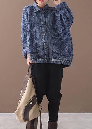 Women blue Sweater Blouse lapel collar oversize patchwork sweaters - SooLinen