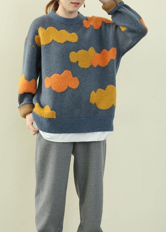 Women blue Cloud Knit Sweaters o neck false two pieces knitted pullover - SooLinen