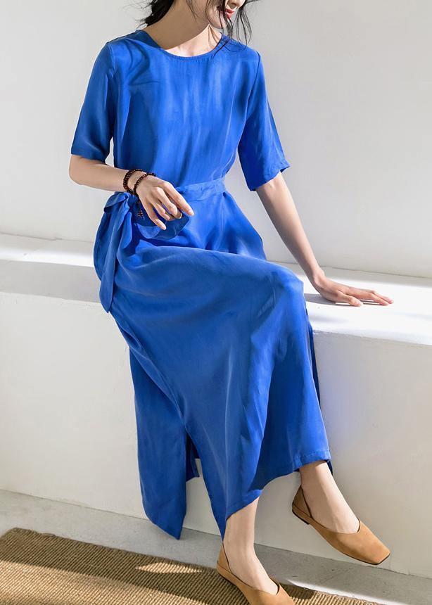 Women blue cotton tunics for women o neck tie waist A Line summer Dress - SooLinen